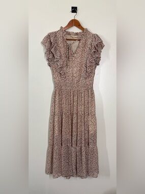 entro Cream & Pink Floral Ruffle Midi Dress Size Small EUC Tiered flutter sleeve